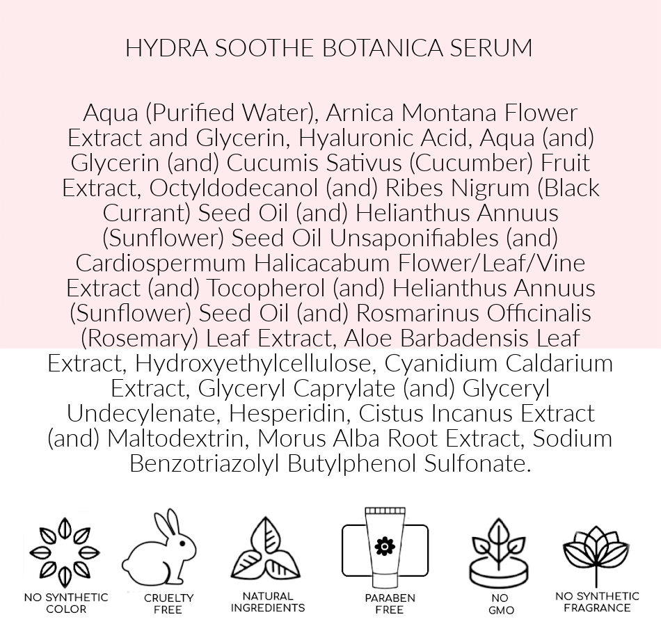 Ingredients, Pink Avenue Hydra Soothe  Botanica Serum, Toronto 